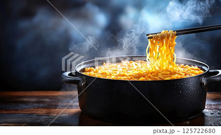 Steaming Bowl of Delicious Noodles Being Lifted with Chopsticks from a Black Pot  Steaming Bowl of Delicious Noodles Being Lifted with Chopsticks from a Black Pot  125722680