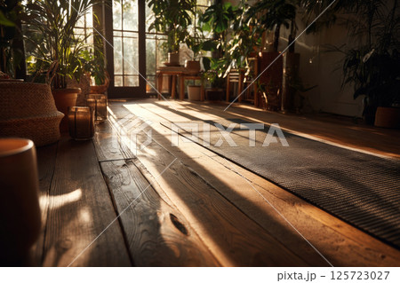 Living room interior with yoga mat and green plants 125723027