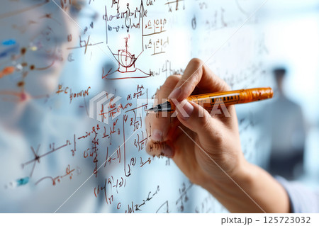 Scientist writing complex equations on virtual transparent screen Scientist writing complex equations on virtual transparent screen 125723032
