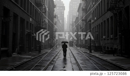 モノクロ写真の霧が多い雨の日、1920年代のニューヨークの風景 125723086