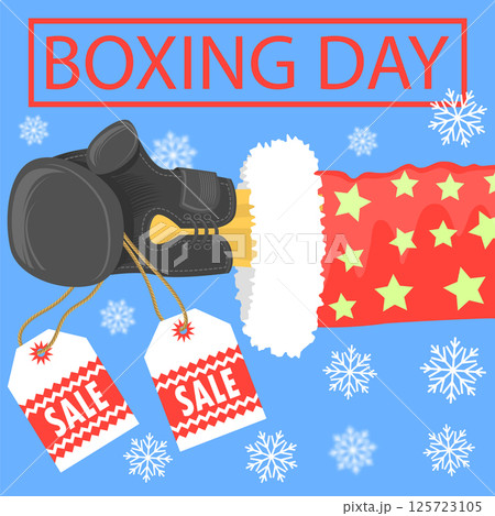 Vector Boxing Sale. Santa Claus with black boxing glove on blue background with Snowflakes. Symbol of Boxing Day. Winter offer for sale Vector Boxing Sale. Santa Claus with black boxing glove on blue background with Snowflakes. Symbol of Boxing Day. Winter offer for sale 125723105