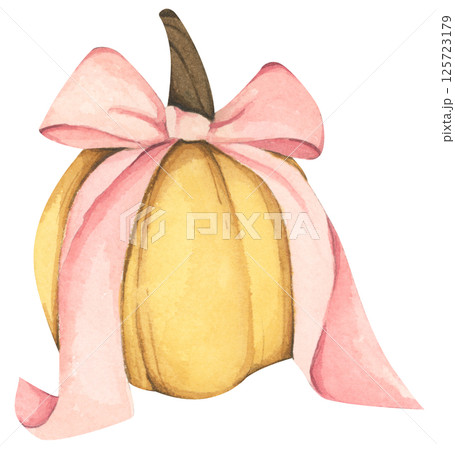 Pumpkin bow watercolor coquette pink ribbon illustration for autumn. Pumpkin bow watercolor coquette pink ribbon illustration for autumn. 125723179