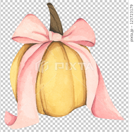 Pumpkin bow watercolor coquette pink ribbon illustration for autumn. Pumpkin bow watercolor coquette pink ribbon illustration for autumn. 125723179
