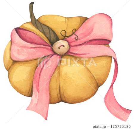 Pumpkin bow watercolor coquette pink ribbon illustration for autumn. Pumpkin bow watercolor coquette pink ribbon illustration for autumn. 125723180
