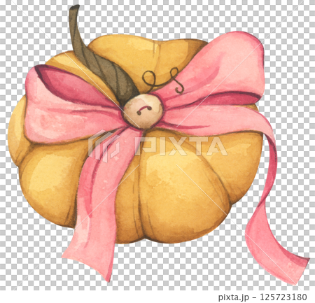 Pumpkin bow watercolor coquette pink ribbon illustration for autumn. Pumpkin bow watercolor coquette pink ribbon illustration for autumn. 125723180