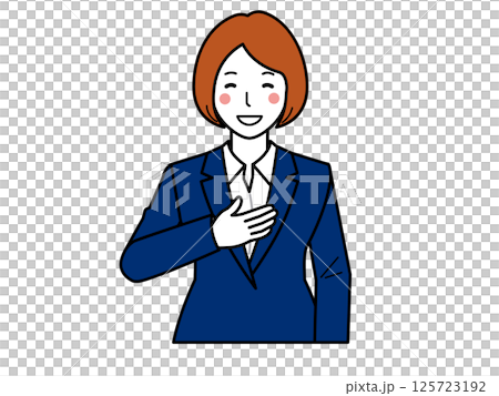 交給我們吧。一位身穿西裝、手放在胸前的女人 125723192