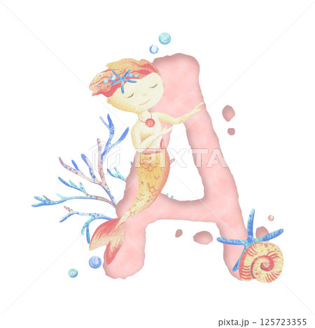 Capital letter of the Latin alphabet A with a mermaid and seaweed, corals, shells, bubbles. In gentle pastel colors of blue, turquoise, coral and pink. Watercolor illustration hand-drawn. Composition 125723355