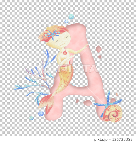 Capital letter of the Latin alphabet A with a mermaid and seaweed, corals, shells, bubbles. In gentle pastel colors of blue, turquoise, coral and pink. Watercolor illustration hand-drawn. Composition 125723355