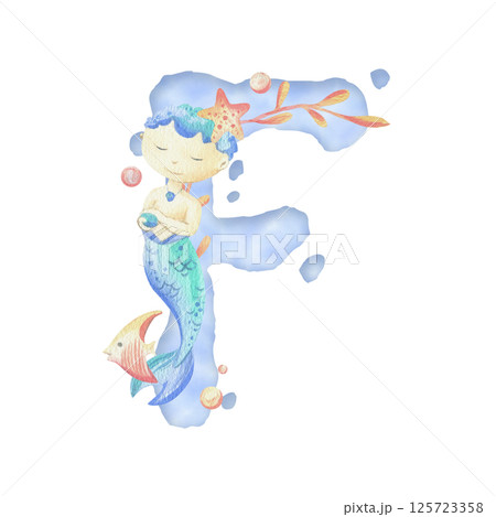 Capital letter of the Latin alphabet F with a mermaid and seaweed, corals, shells, bubbles. In gentle pastel colors of blue, turquoise, coral and pink. Watercolor illustration hand-drawn. Composition Capital letter of the Latin alphabet F with a mermaid and seaweed, corals, shells, bubbles. In gentle pastel colors of blue, turquoise, coral and pink. Watercolor illustration hand-drawn. Composition 125723358
