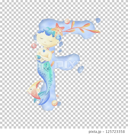 Capital letter of the Latin alphabet F with a mermaid and seaweed, corals, shells, bubbles. In gentle pastel colors of blue, turquoise, coral and pink. Watercolor illustration hand-drawn. Composition Capital letter of the Latin alphabet F with a mermaid and seaweed, corals, shells, bubbles. In gentle pastel colors of blue, turquoise, coral and pink. Watercolor illustration hand-drawn. Composition 125723358