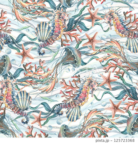 Jellyfish, seahorse, seashells, seaweed, starfish, corals, sea sponges and pebbles, bubbles. Marine watercolor illustration of the underwater world hand drawn. Seamless pattern wave ornament Jellyfish, seahorse, seashells, seaweed, starfish, corals, sea sponges and pebbles, bubbles. Marine watercolor illustration of the underwater world hand drawn. Seamless pattern wave ornament 125723368