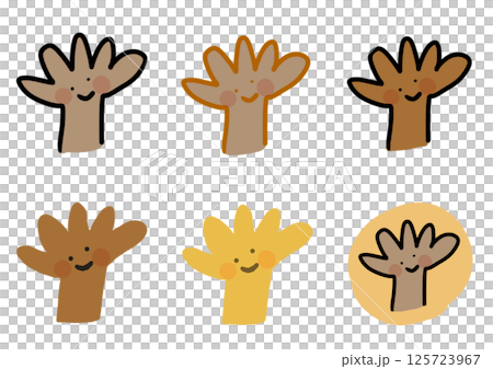 Set of black people's palms with various cute faces Set of black people's palms with various cute faces 125723967