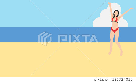 浜辺で夏休みを満喫する女性のイラスト(海水浴) 125724010