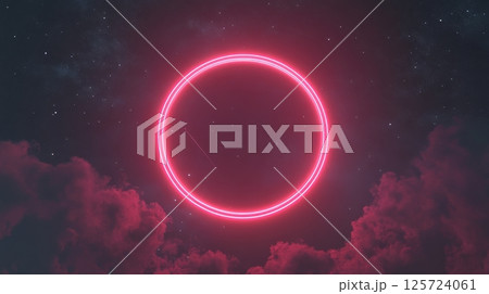 Pink neon circle in starry night sky with clouds, atmospheric digital art concept Pink neon circle in starry night sky with clouds, atmospheric digital art concept 125724061