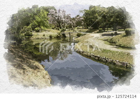 水彩画風　衆楽園　岡山県津山市 125724114