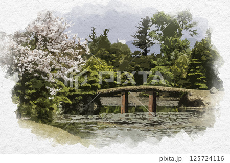 水彩画風　衆楽園　岡山県津山市 125724116