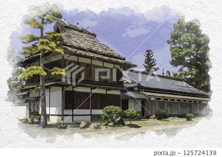 水彩画風　衆楽園　余芳閣・迎賓館　岡山県津山市 125724139