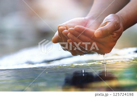 Precious water in your hand, clear, transparent and clean source of life, World Water Day background Precious water in your hand, clear, transparent and clean source of life, World Water Day background 125724198