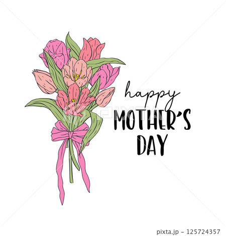 Happy Mothers Day greeting card with beautiful pink tulip flowers bouquet Happy Mothers Day greeting card with beautiful pink tulip flowers bouquet 125724357