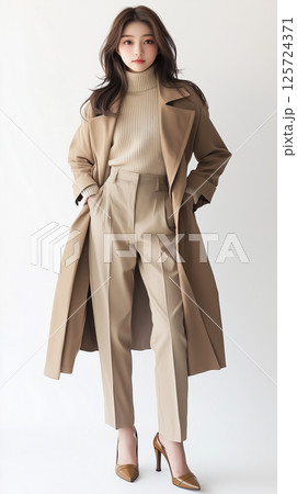 【縦写真】トレンチコートを着た女性モデル 【縦写真】トレンチコートを着た女性モデル 125724371