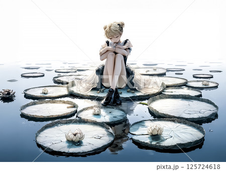 睡蓮の葉の上に座る水の妖精のイラスト素材 睡蓮の葉の上に座る水の妖精のイラスト素材 125724618
