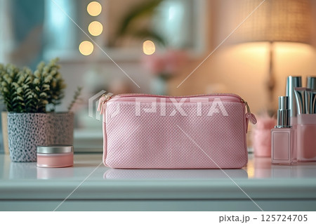 Modern cosmetic bag and cosmetics on dressing table 125724705