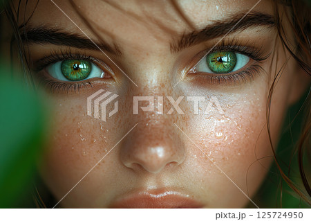 Captivating close-up of a young woman with striking green eyes 125724950