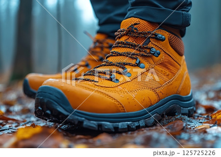 Sport shoes designed for male trail enthusiasts navigating moist forest terrain 125725226