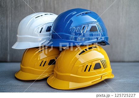 Yellow, white, and blue safety helmets are neatly stacked on a smooth surface, highlighting workplace safety. 125725227