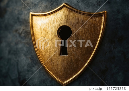 View of a golden security shield with a keyhole against a textured background 125725238