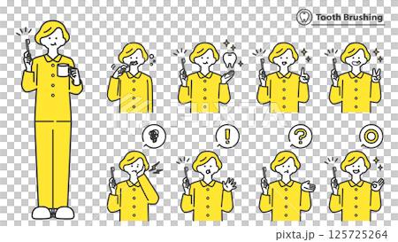 Senior woman brushing her teeth, set of facial expressions and poses, 2 colors Senior woman brushing her teeth, set of facial expressions and poses, 2 colors 125725264