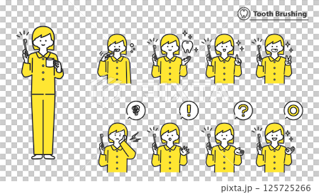 Girl brushing her teeth, set of facial expressions and poses, 2 colors 125725266