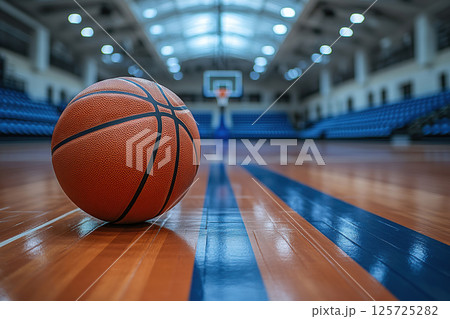 Basketball on wooden court, indoors 125725282