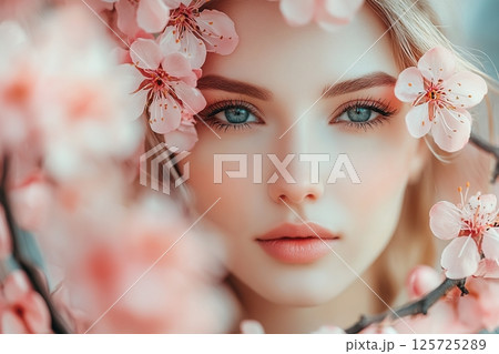 Portrait of young woman standing among the flowering trees Portrait of young woman standing among the flowering trees 125725289
