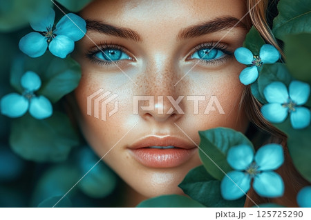Portrait of young woman standing among the green tree leaves Portrait of young woman standing among the green tree leaves 125725290