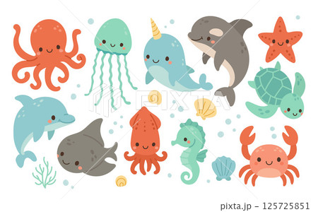 Group of cute ocean animals including dolphin, squid, crab, and narwhal, designed for colorful marine wildlife collections and playful aquatic scenes 125725851