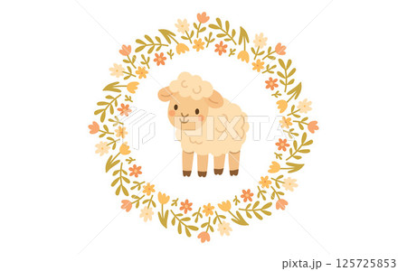 Cute lamb framed by floral wreath, perfect for spring farm designs and countryside nature illustrations featuring baby sheep, pasture, and rustic charm Cute lamb framed by floral wreath, perfect for spring farm designs and countryside nature illustrations featuring baby sheep, pasture, and rustic charm 125725853