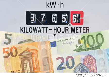 Electricity meter with Euro money energy cost. Electricity meter with Euro money energy cost. 125726387
