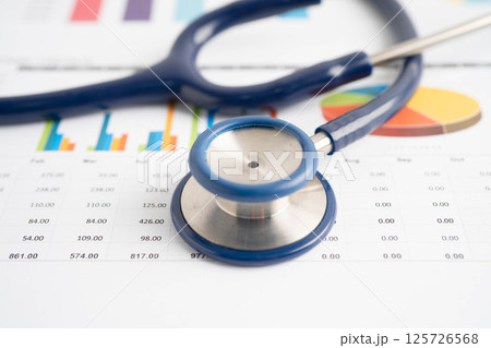 Stethoscope and US dollar banknotes on chart or graph paper, Financial, account, statistics and business data medical health concept. Stethoscope and US dollar banknotes on chart or graph paper, Financial, account, statistics and business data medical health concept. 125726568