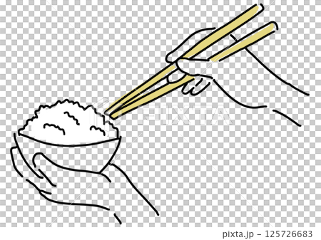 ごはん茶碗と箸を持つ手元のシンプル線画 ごはん茶碗と箸を持つ手元のシンプル線画 125726683