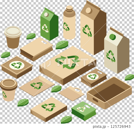 Isometric Eco-Friendly or Sustainable Packaging with Recycling Logo Isometric Eco-Friendly or Sustainable Packaging with Recycling Logo 125726943