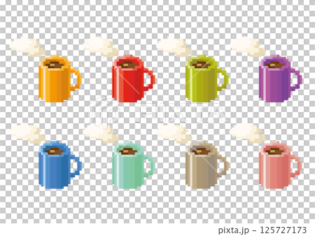 Pixel art colorful coffee mug icon set Pixel art colorful coffee mug icon set 125727173