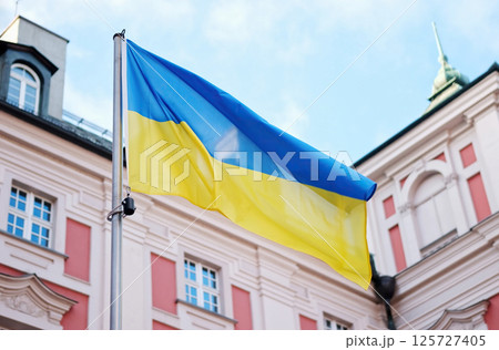 Waving National Flag Of Ukraine Symbolizes Ukraine Waving National Flag Of Ukraine Symbolizes Ukraine 125727405
