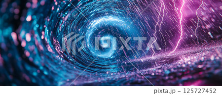 Spirals surrounded by lightning bolts and streaks. 125727452