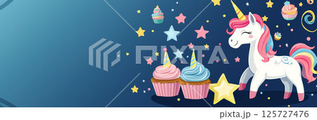 Cartoon colorful with unicorns, stars, and cupcakes, a magical birthday celebration 125727476
