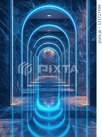 Futuristic marble corridor with glowing blue light strips and abstract columns 125727499