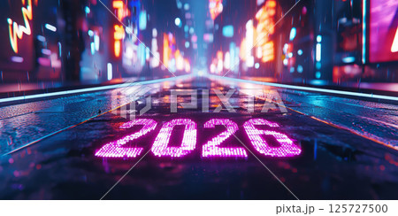 Futuristic glowing road with 2026 written in neon, sci-fi style background , New year 125727500
