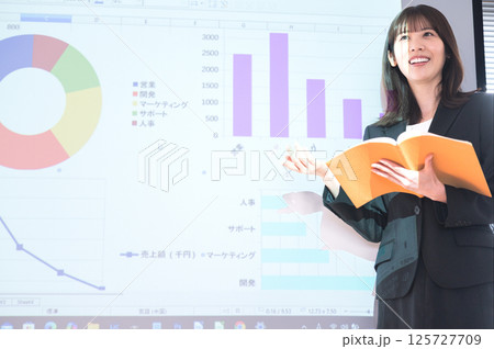 プロジェクターの前でプレゼンテーションするスーツ姿の若い女性 125727709