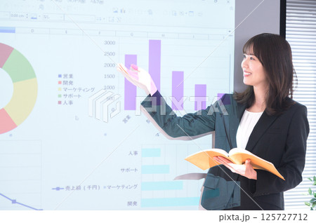 プロジェクターの前でプレゼンテーションするスーツ姿の若い女性 プロジェクターの前でプレゼンテーションするスーツ姿の若い女性 125727712