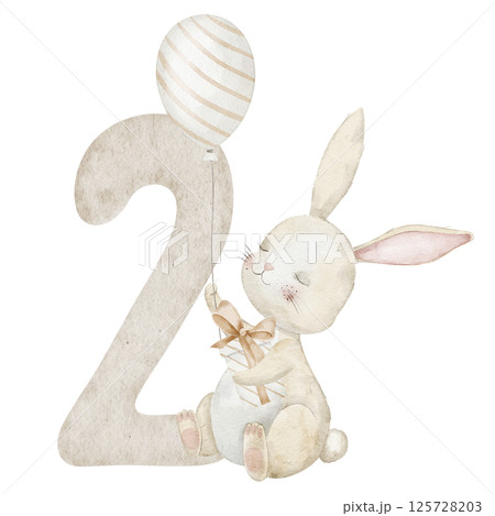Cute watercolor Bunny holding a number two with gift box and balloon. Illustration of little Rabbit for baby monthly Milestone or Birthday greeting cards in beige pastel colors. Art of Hare for kids. 125728203